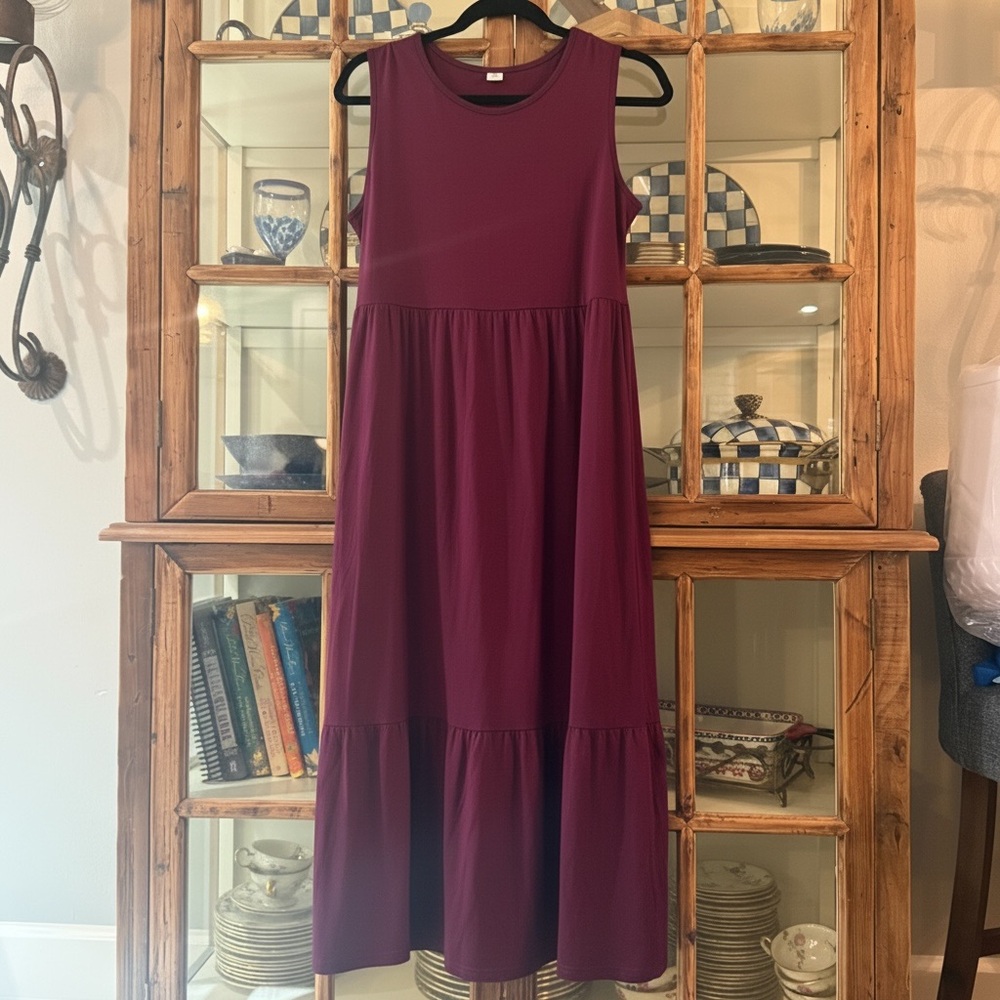 ANRABESS Tiered Maxi Dress Sleeveless Burgundy Pockets Casual Boho Medium - Picture 4 of 4